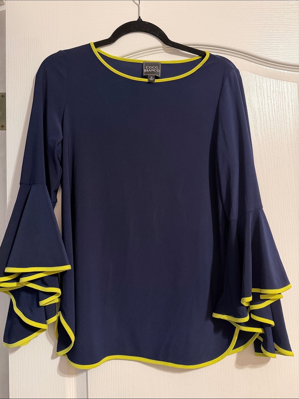 Coco Bianco Navy Top with Yellow Contrast Trim and Ruffled Bell Sleeves
